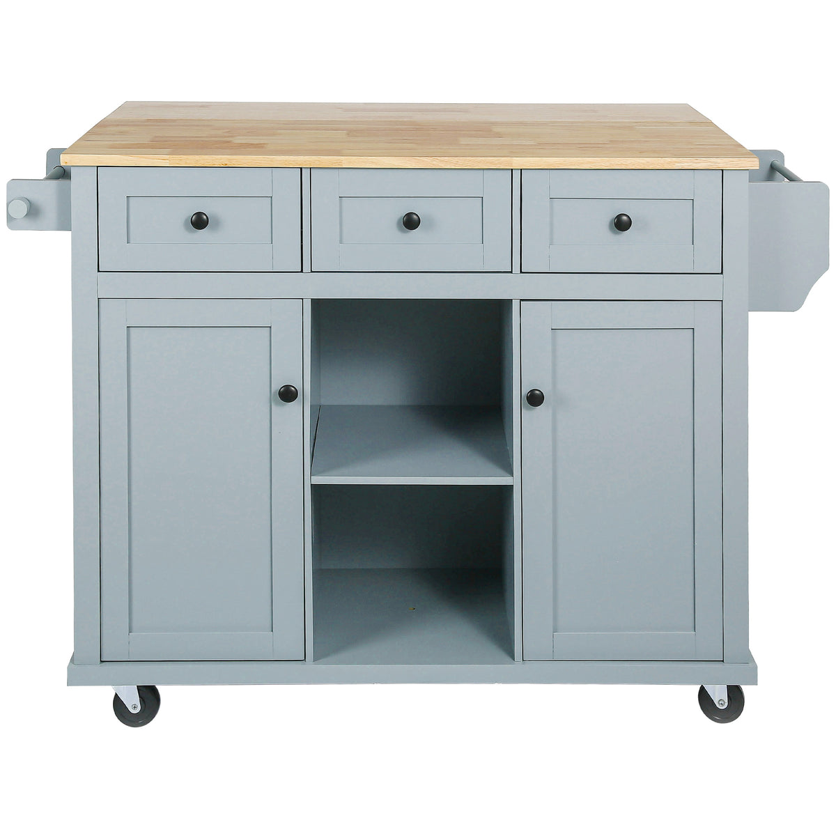 Chariot de cuisine avec plan de travail en bois d'hévéa, placard de rangement, étagère et 3 tiroirs de salle à manger, gris-bleu