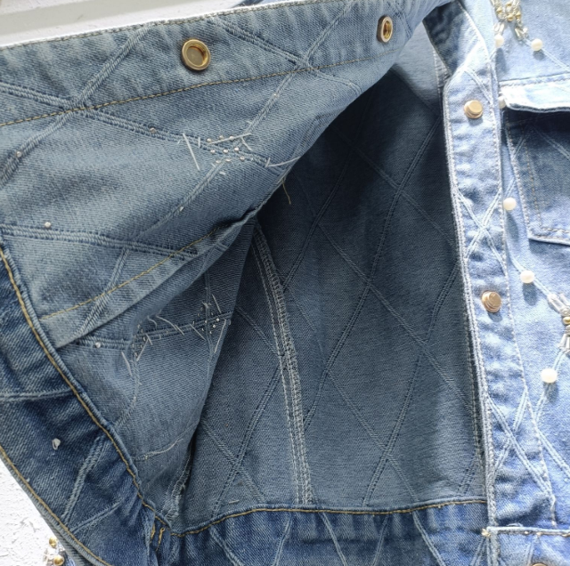Women's Denim Jacket O-neck Embroidered Flares Diamond Pearls Buttons Plaid Elegant Coat Autumn