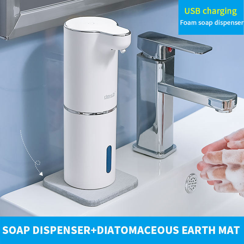 Distributeur automatique de savon mousse pour salle de bain, lave-mains intelligent avec chargement USB, blanc, matériau ABS de haute qualité.