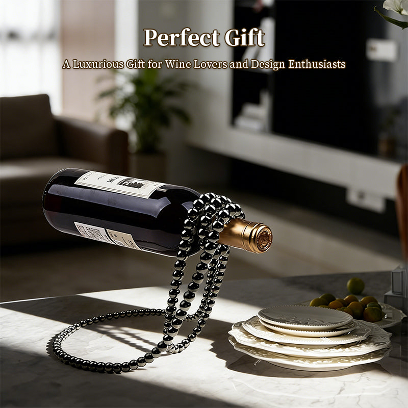 THEMEASHOP™ MAISON-  Porte-bouteilles en métal orné d'un collier de perles, support de bouteille de vin flottant et magique, présentoir décoratif pour bureau.