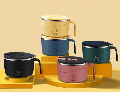THEMEASHOP™ MAISON-  Bol à nouilles instantanées en acier inoxydable 304 avec couvercle isotherme portable, boîte à lunch scellée de style japonais