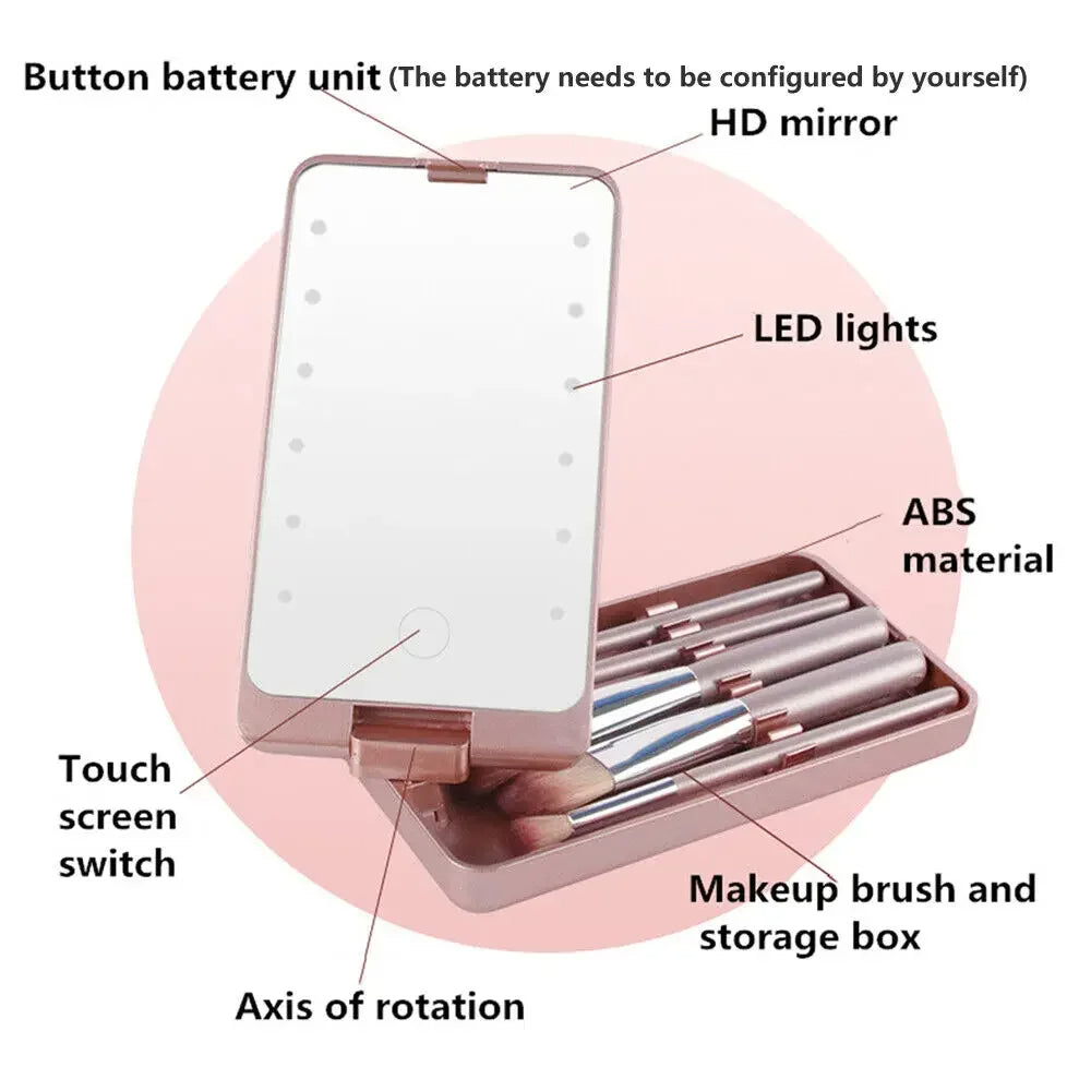 VIRTUAL INSTITUT™ - Boîte à miroir cosmétique pliable et rotative à LED avec brosse