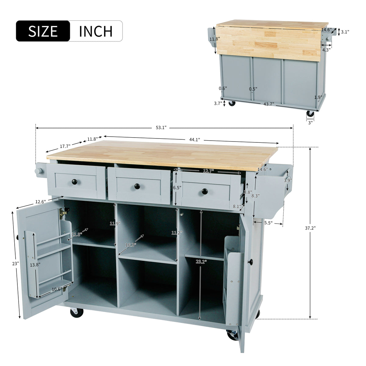 Chariot de cuisine avec plan de travail en bois d'hévéa, placard de rangement, étagère et 3 tiroirs de salle à manger, gris-bleu