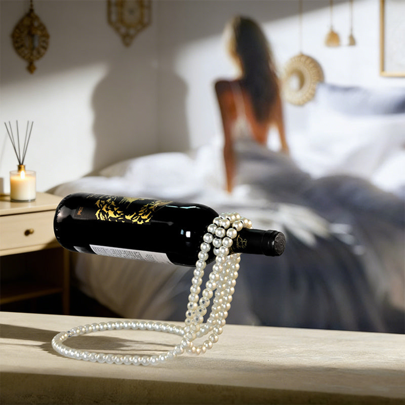THEMEASHOP™ MAISON-  Porte-bouteilles en métal orné d'un collier de perles, support de bouteille de vin flottant et magique, présentoir décoratif pour bureau.