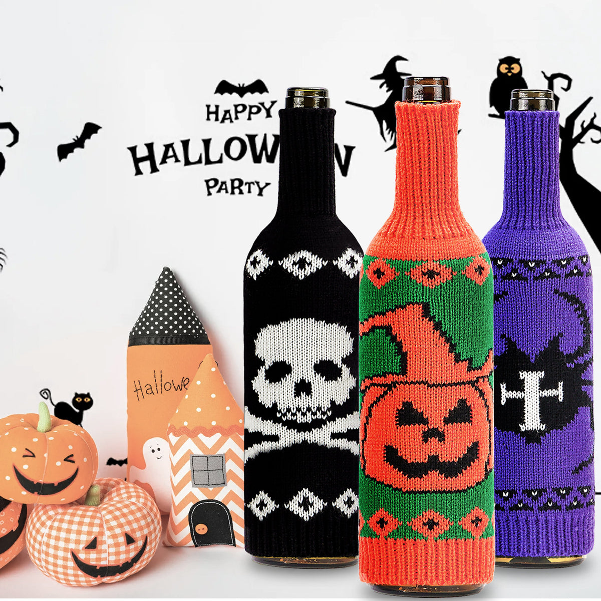 THEMEASHOP™- Halloween Wine Bottle Cover Skull Pumpkin Knitted Champagne Wine Bottle Bag Table Atmosphere Decoration Supplies