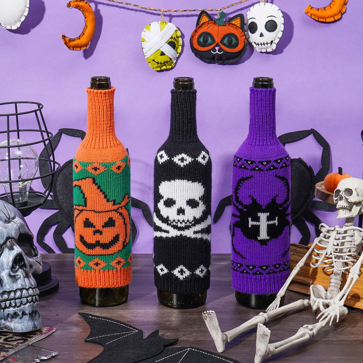 THEMEASHOP™- Halloween Wine Bottle Cover Skull Pumpkin Knitted Champagne Wine Bottle Bag Table Atmosphere Decoration Supplies