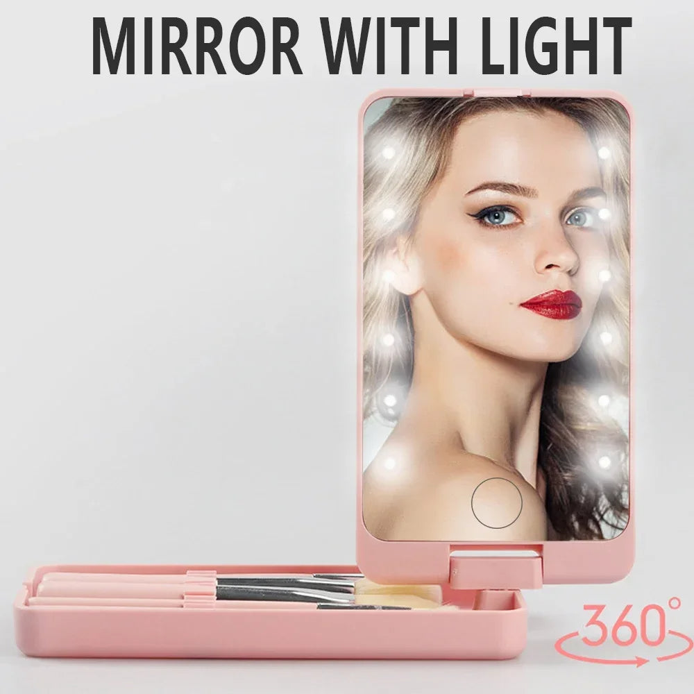 VIRTUAL INSTITUT™ - Boîte à miroir cosmétique pliable et rotative à LED avec brosse