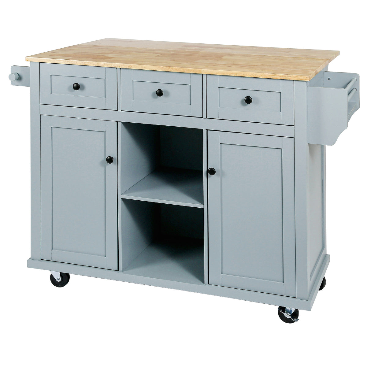 Chariot de cuisine avec plan de travail en bois d'hévéa, placard de rangement, étagère et 3 tiroirs de salle à manger, gris-bleu