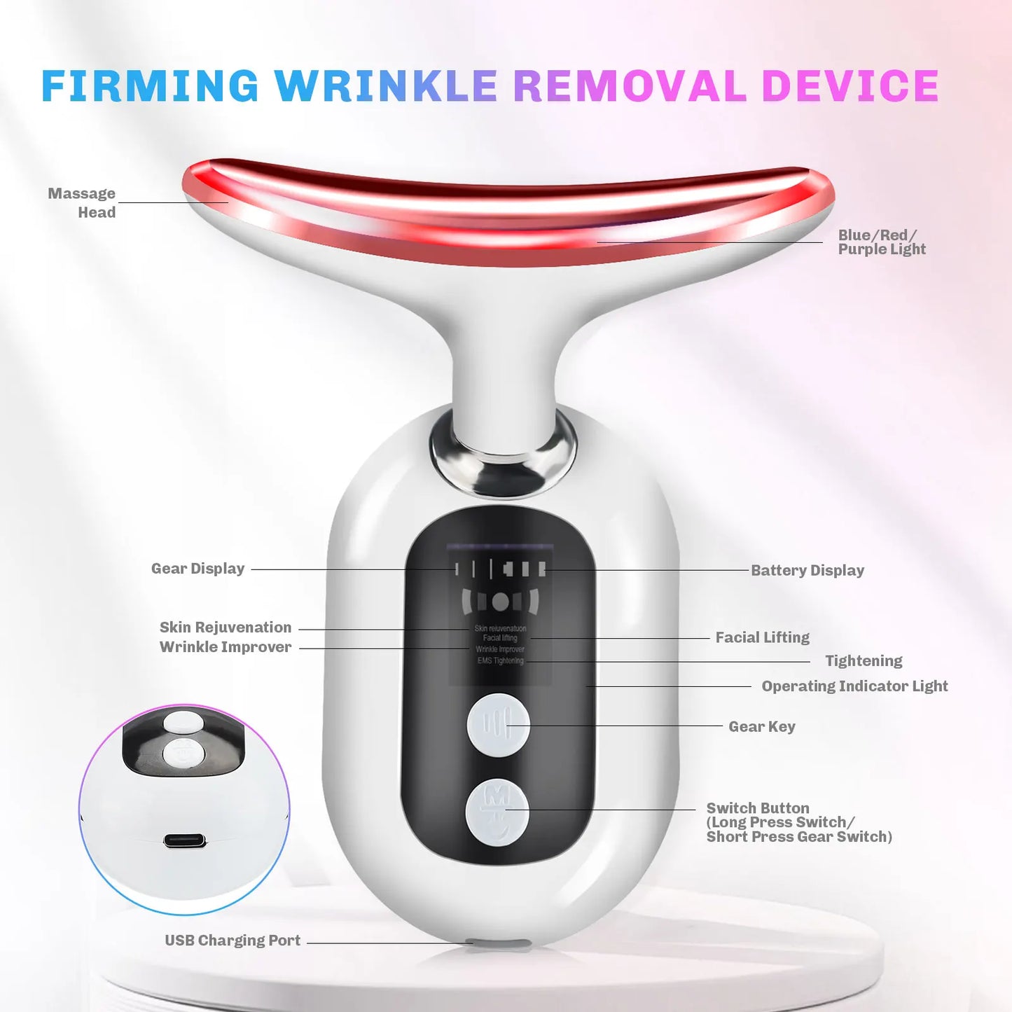 THEMEASHOP™ ÉPICERIE- Appareil de beauté EMS pour lifting du cou et du visage, massage par vibrations, thérapie photonique LED, raffermissement de la peau, élimination des rides, outils de soin de la peau