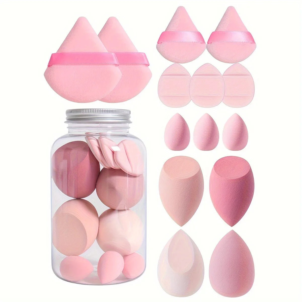 THEMEASHOP™ ÉPICERIE-  Ensemble de 14 éponges à maquillage triangulaires violettes, roses et noires pour estomper et appliquer la poudre.
