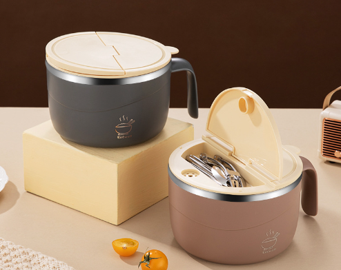 THEMEASHOP™ MAISON-  Bol à nouilles instantanées en acier inoxydable 304 avec couvercle isotherme portable, boîte à lunch scellée de style japonais