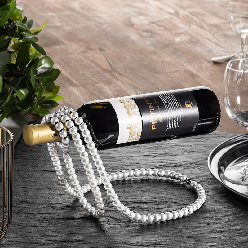 THEMEASHOP™ MAISON-  Porte-bouteilles en métal orné d'un collier de perles, support de bouteille de vin flottant et magique, présentoir décoratif pour bureau.