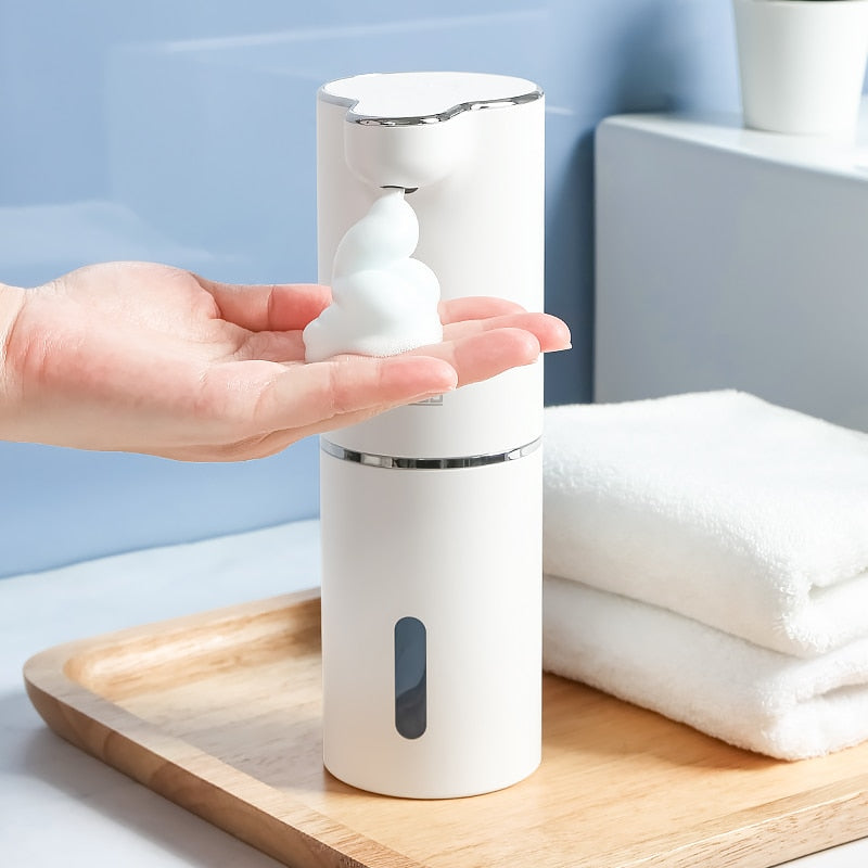 Distributeur automatique de savon mousse pour salle de bain, lave-mains intelligent avec chargement USB, blanc, matériau ABS de haute qualité.