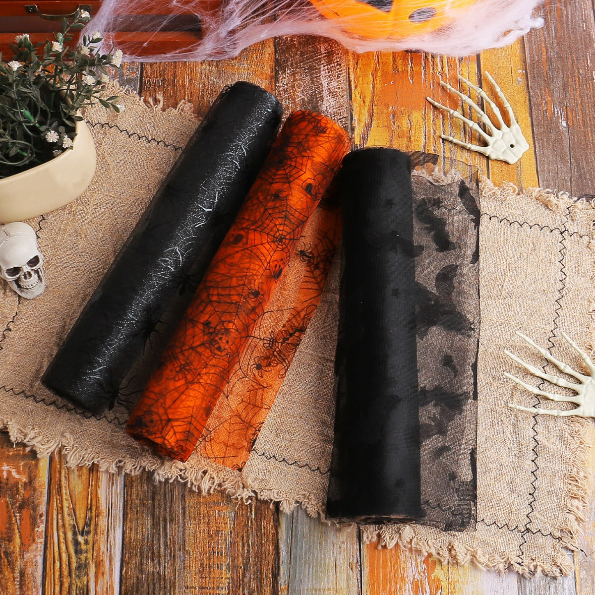 THEMEASHOP™- Halloween Bat Spider Web Yarn Roll Meal Mat Ghost Festival Party Table Decoration Mesh Tablecloth Table Banner