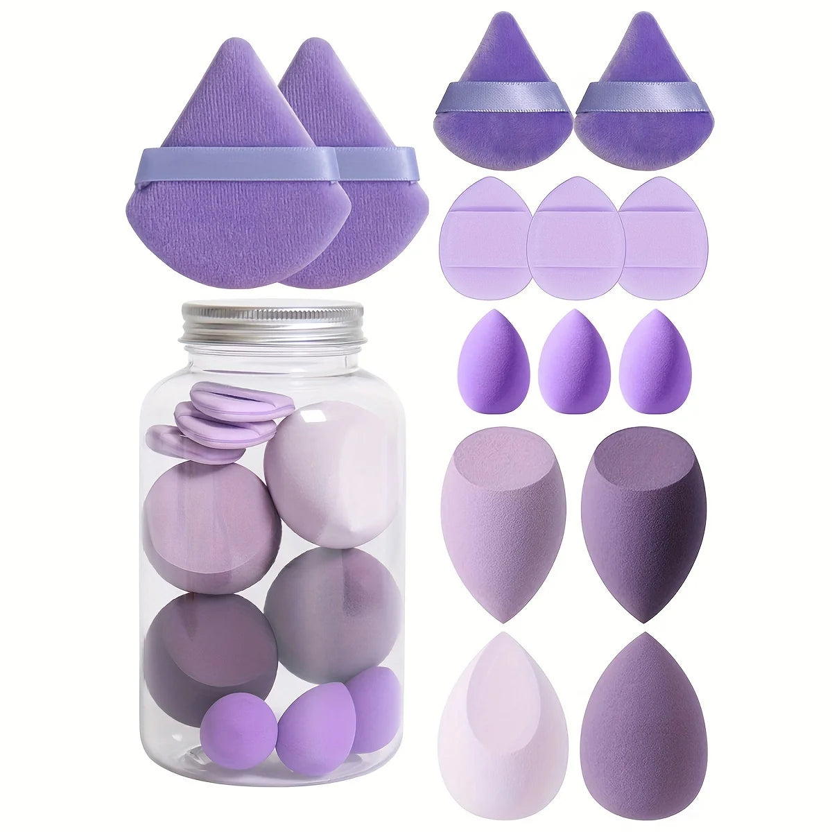 THEMEASHOP™ ÉPICERIE-  Ensemble de 14 éponges à maquillage triangulaires violettes, roses et noires pour estomper et appliquer la poudre.
