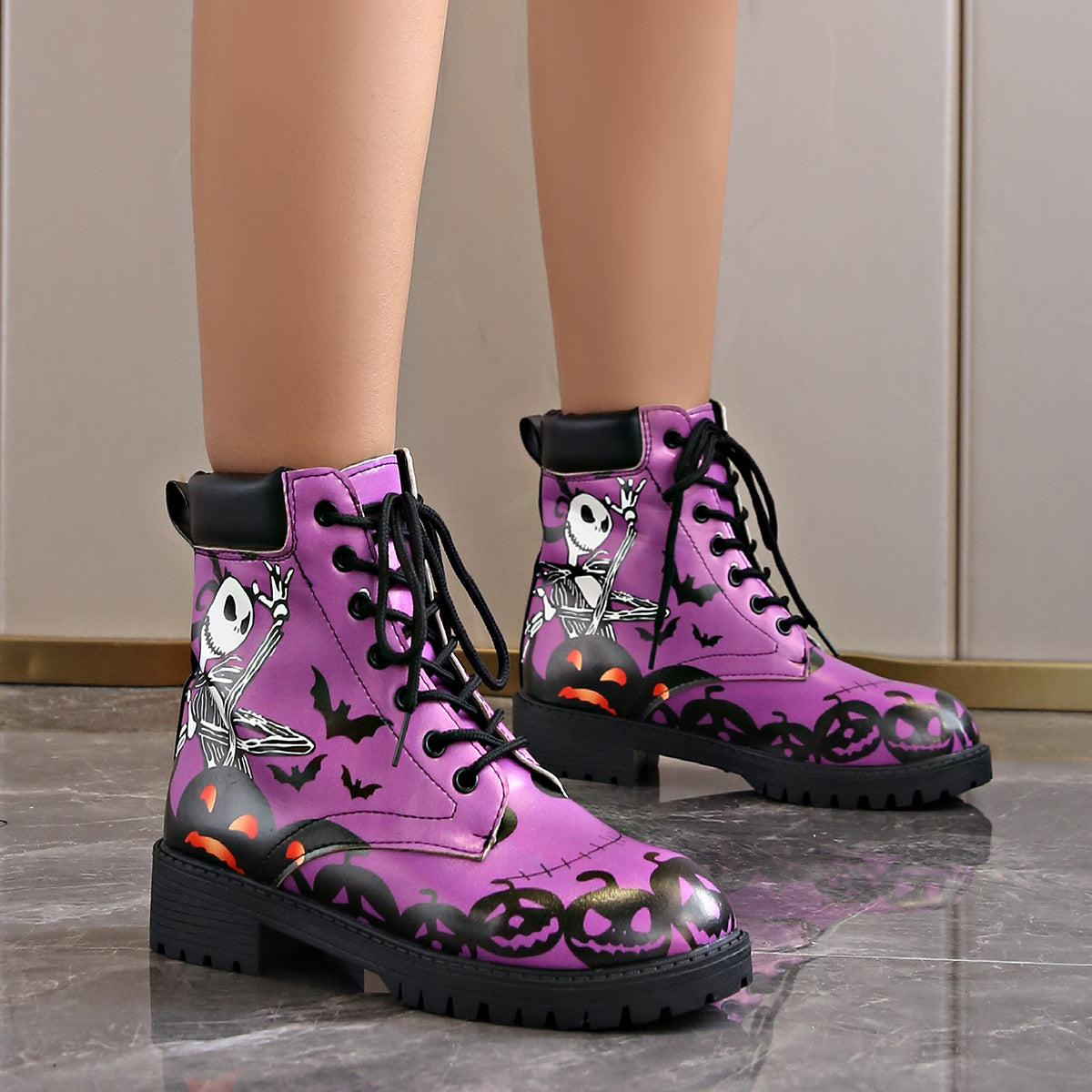 Bottines imprimées pour femmes, bout rond, talon épais, à lacets, style Martin européen et américain