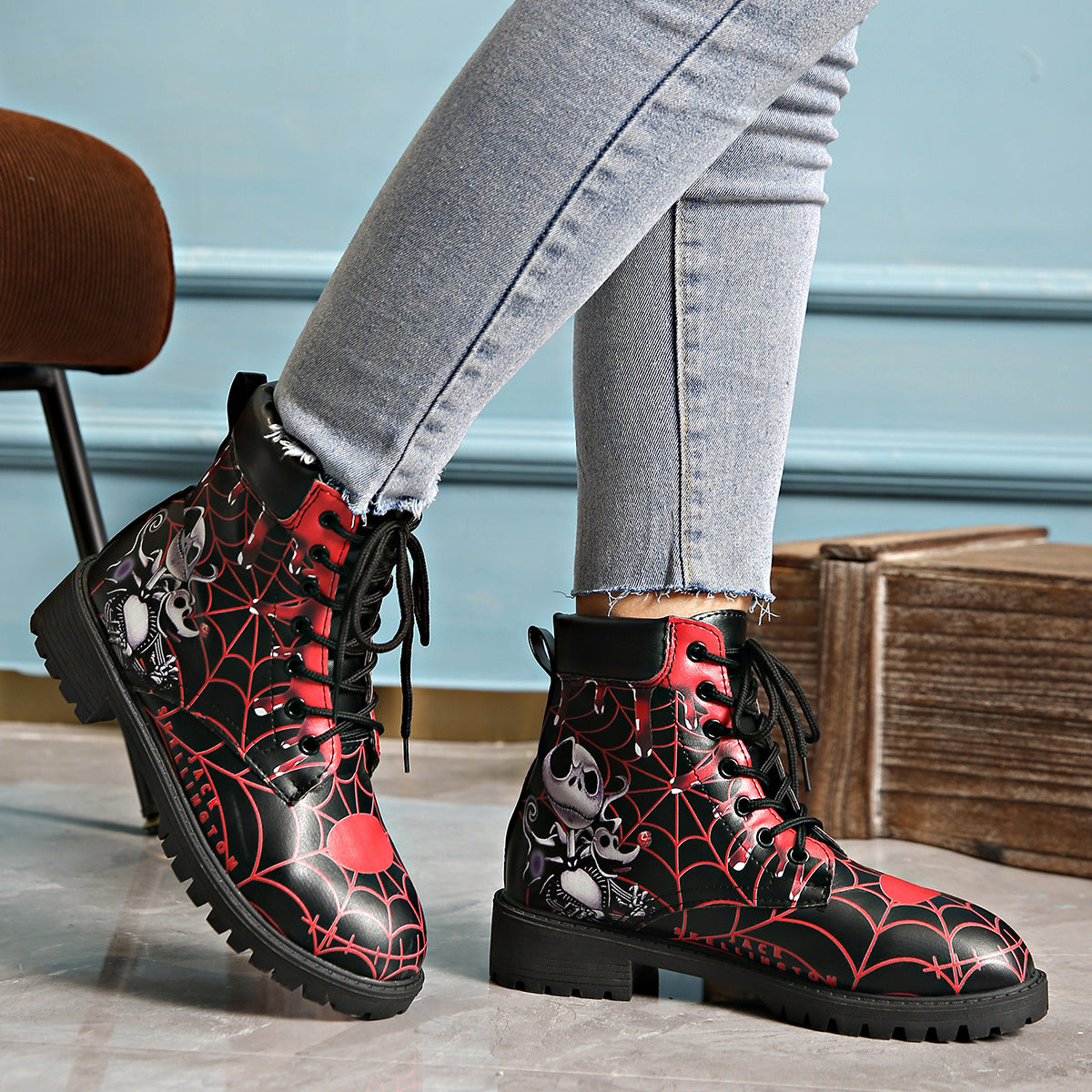 Bottines imprimées pour femmes, bout rond, talon épais, à lacets, style Martin européen et américain