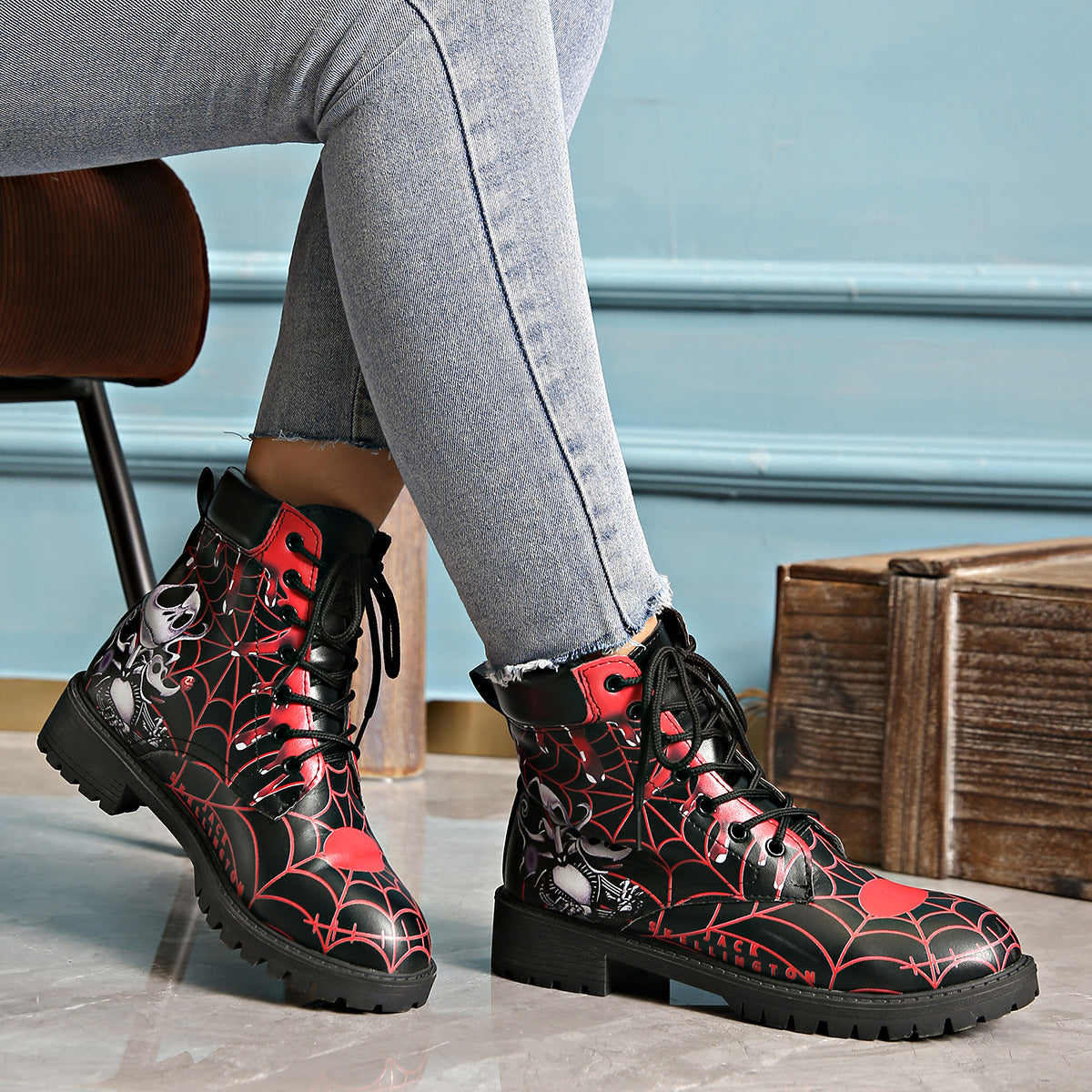 Bottines imprimées pour femmes, bout rond, talon épais, à lacets, style Martin européen et américain