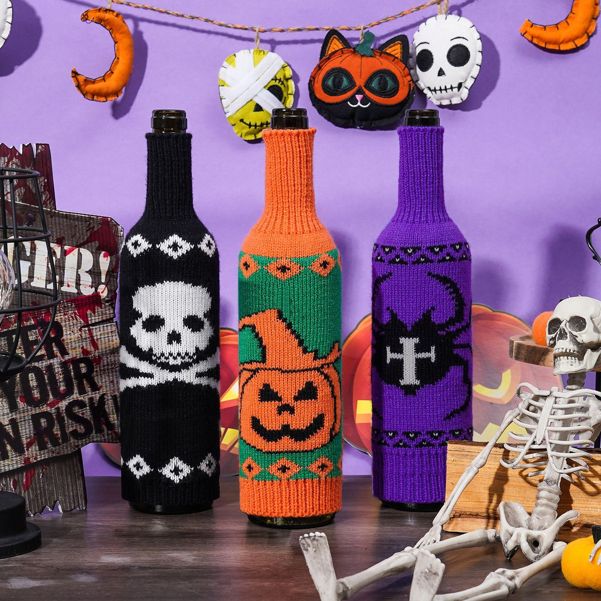 THEMEASHOP™- Halloween Wine Bottle Cover Skull Pumpkin Knitted Champagne Wine Bottle Bag Table Atmosphere Decoration Supplies