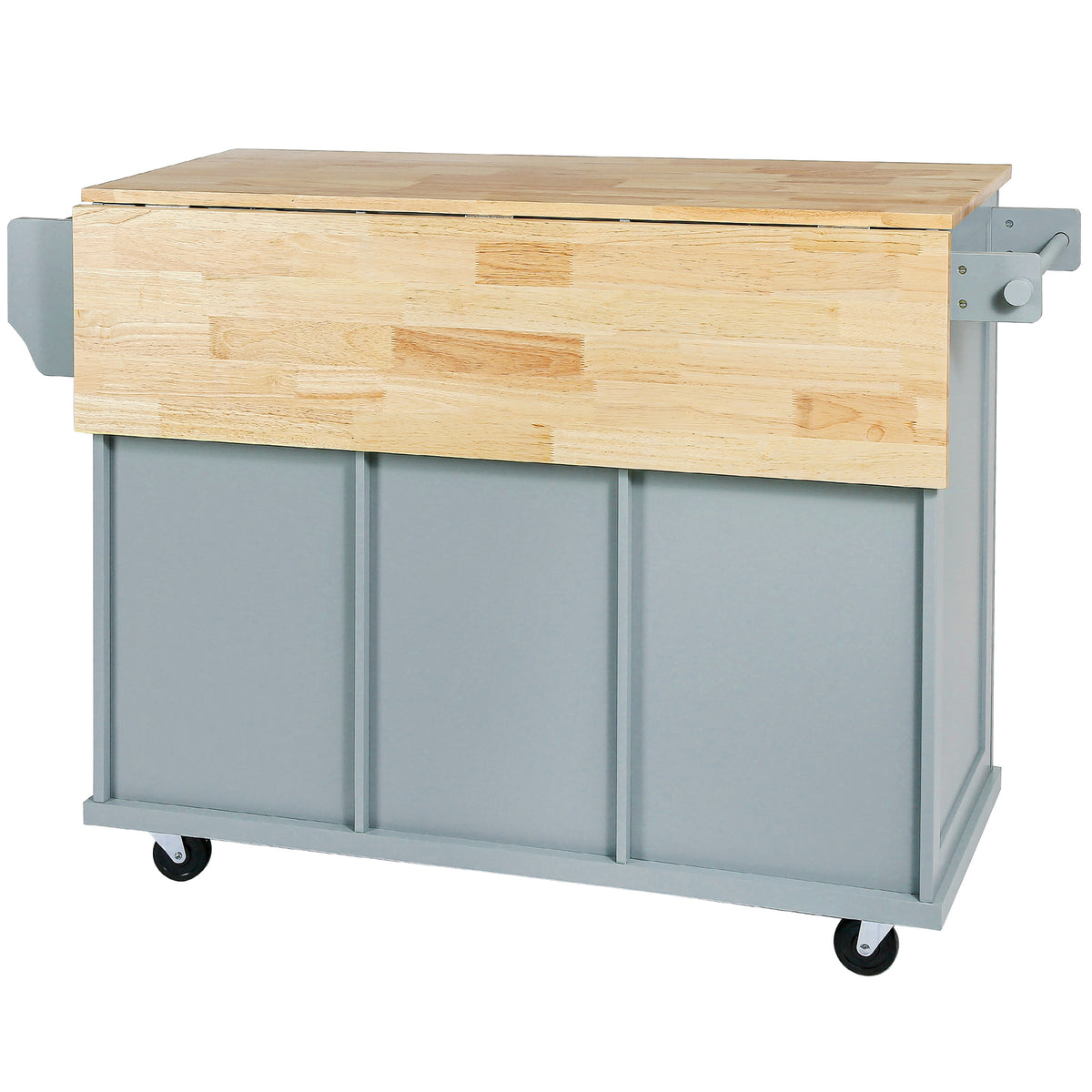 Chariot de cuisine avec plan de travail en bois d'hévéa, placard de rangement, étagère et 3 tiroirs de salle à manger, gris-bleu