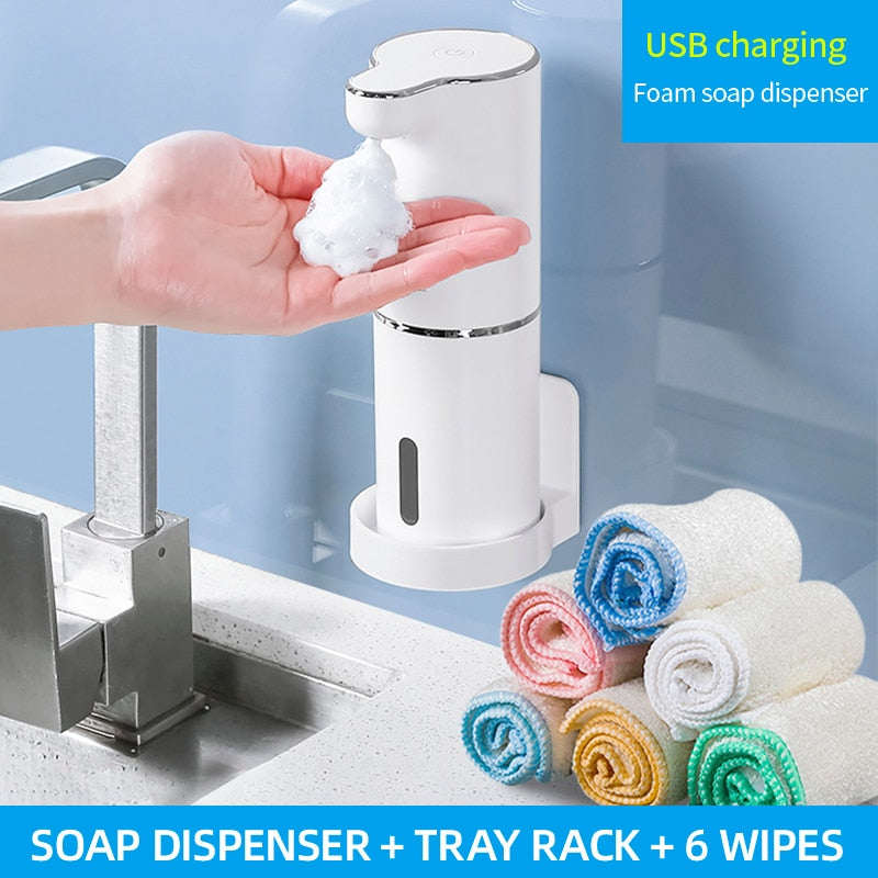 Distributeur automatique de savon mousse pour salle de bain, lave-mains intelligent avec chargement USB, blanc, matériau ABS de haute qualité.