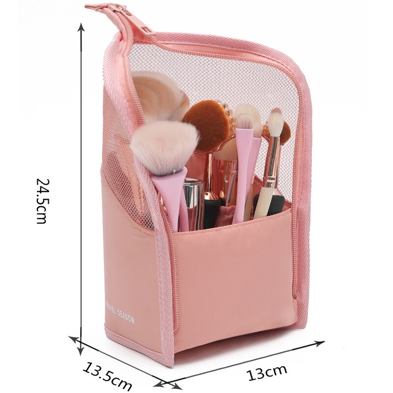 PURDORED Trousse de toilette transparente avec support et fermeture éclair, idéale pour les voyages. Porte-pinceaux de maquillage et organisateur.