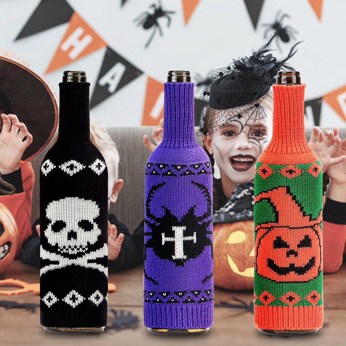 THEMEASHOP™- Halloween Wine Bottle Cover Skull Pumpkin Knitted Champagne Wine Bottle Bag Table Atmosphere Decoration Supplies