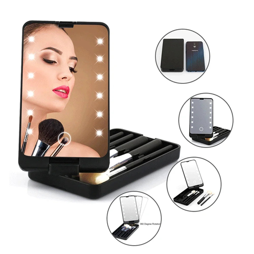 VIRTUAL INSTITUT™ - Boîte à miroir cosmétique pliable et rotative à LED avec brosse