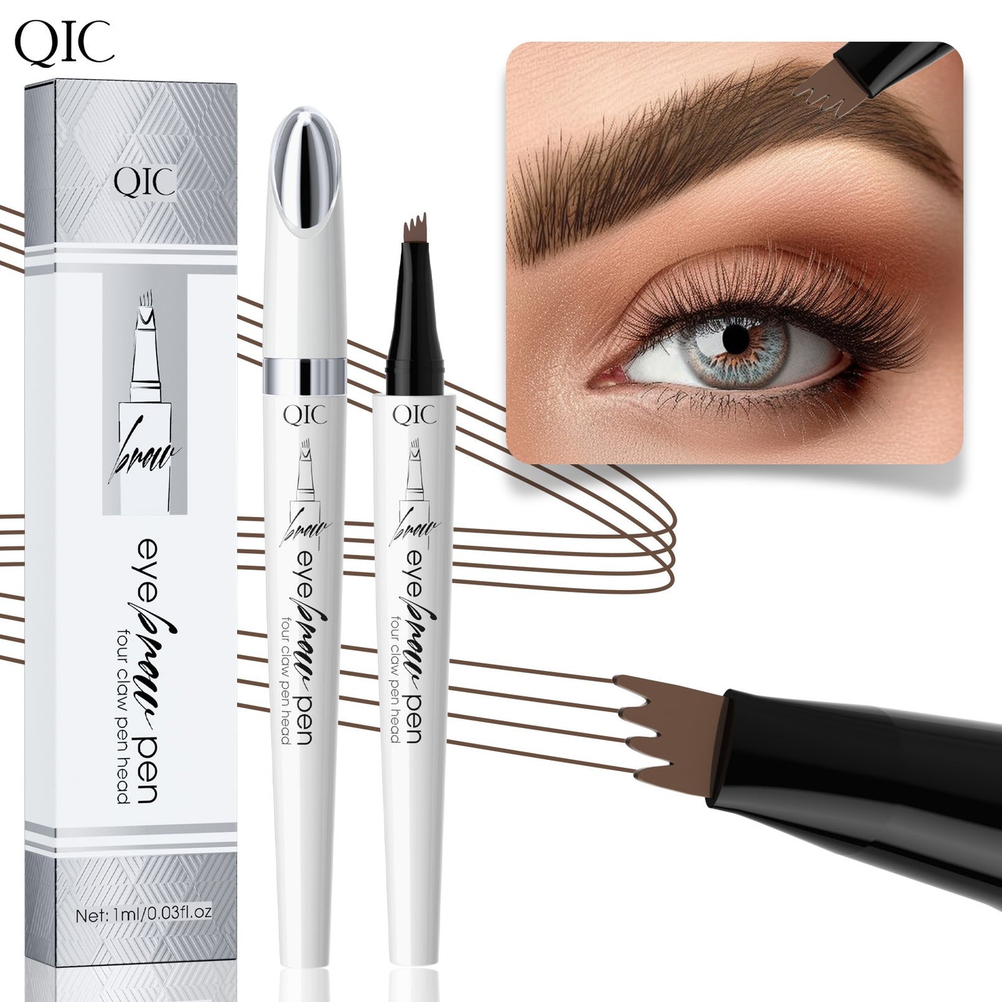 THEMEASHOP™ ÉPICERIE-  Crayon à sourcils liquide blanc céramique QIC à quatre griffes, waterproof, sans bavure, à quatre têtes fourchues