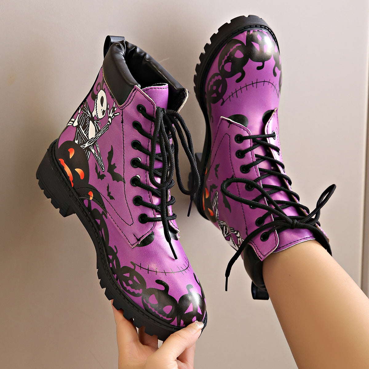 Bottines imprimées pour femmes, bout rond, talon épais, à lacets, style Martin européen et américain