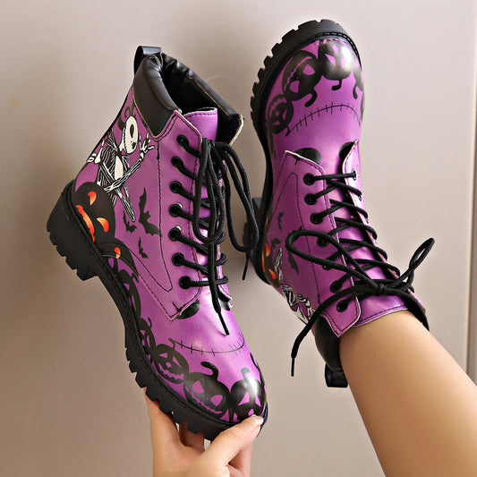 Bottines imprimées pour femmes, bout rond, talon épais, à lacets, style Martin européen et américain