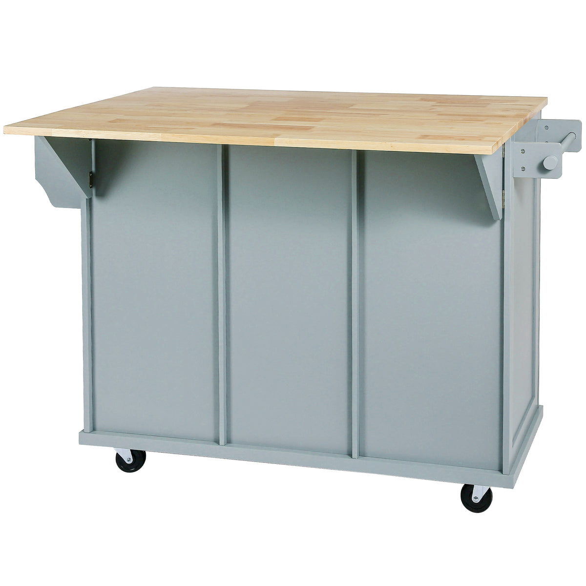 Chariot de cuisine avec plan de travail en bois d'hévéa, placard de rangement, étagère et 3 tiroirs de salle à manger, gris-bleu