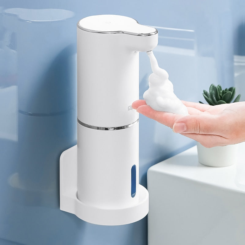 Distributeur automatique de savon mousse pour salle de bain, lave-mains intelligent avec chargement USB, blanc, matériau ABS de haute qualité.