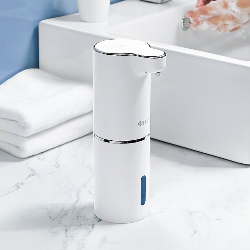 Distributeur automatique de savon mousse pour salle de bain, lave-mains intelligent avec chargement USB, blanc, matériau ABS de haute qualité.