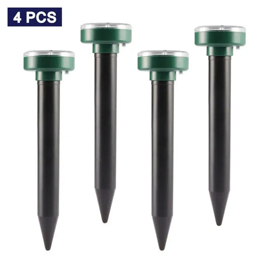 Lot de 4 répulsifs solaires à ultrasons pour souris, taupes et rongeurs, avec lampe LED intégrée pour jardin.