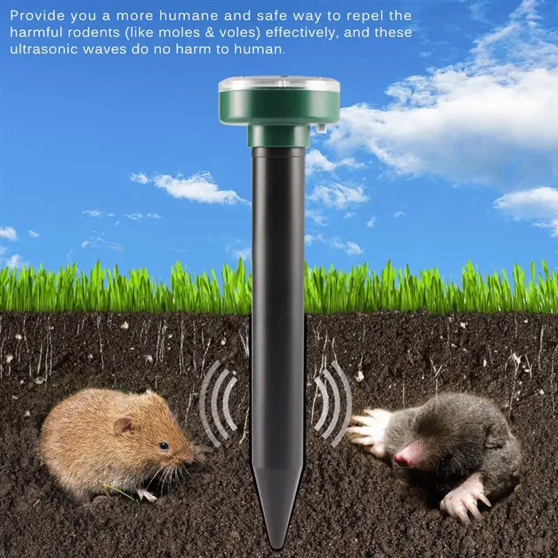 Lot de 4 répulsifs solaires à ultrasons pour souris, taupes et rongeurs, avec lampe LED intégrée pour jardin.
