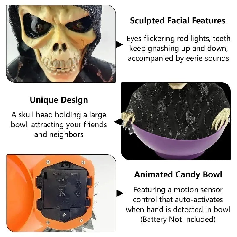 THEMEASHOP™-  Halloween Skeleton Hand Candy Bowl with Light Up Red Eyes Spooky Sound Effects for Haunted House Party Decoration  ﻿