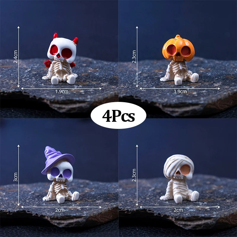 THEMEASHOP™- 4Pcs Halloween Mini Figurines Set, Spooky Resin Decor with Pumpkins Ghosts Skulls for Party Home Garden Decoration