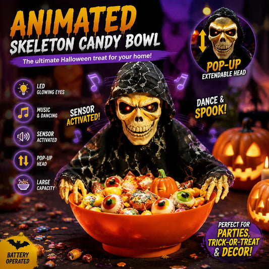 THEMEASHOP™-  Halloween Skeleton Hand Candy Bowl with Light Up Red Eyes Spooky Sound Effects for Haunted House Party Decoration  ﻿