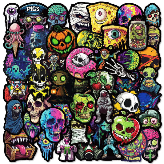 THEMEASHOP™- 50PCS Colorful Skull & Ghost Face Graffiti Stickers - Unique Creative Decor for Halloween Festivals RecordingYourLife Store