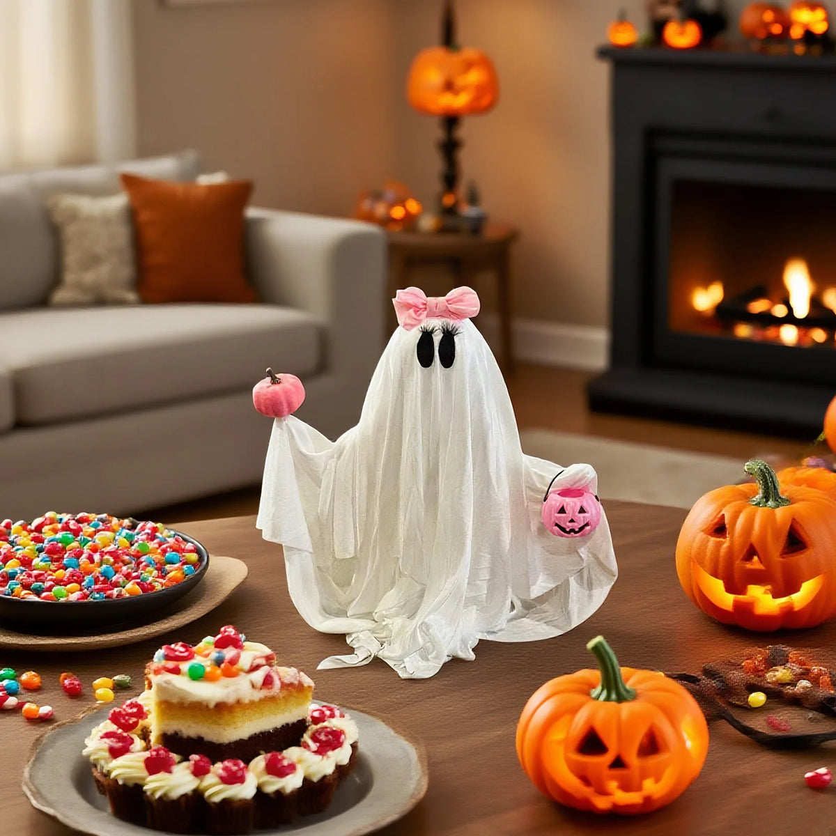 THEMEASHOP™- Halloween Ghost Holding Pink Pumpkin Halloween Decorations Indoor Spooky Ghost Decor Halloween Party Desktop Decoration Ornament