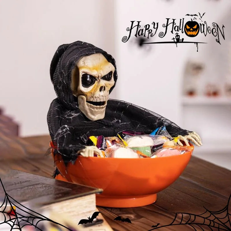 THEMEASHOP™-  Halloween Skeleton Hand Candy Bowl with Light Up Red Eyes Spooky Sound Effects for Haunted House Party Decoration  ﻿