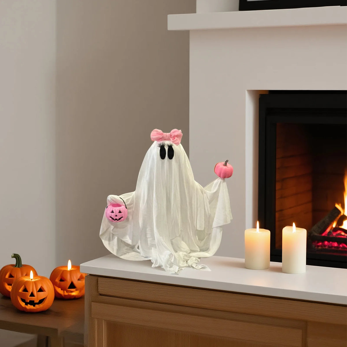 THEMEASHOP™- Halloween Ghost Holding Pink Pumpkin Halloween Decorations Indoor Spooky Ghost Decor Halloween Party Desktop Decoration Ornament