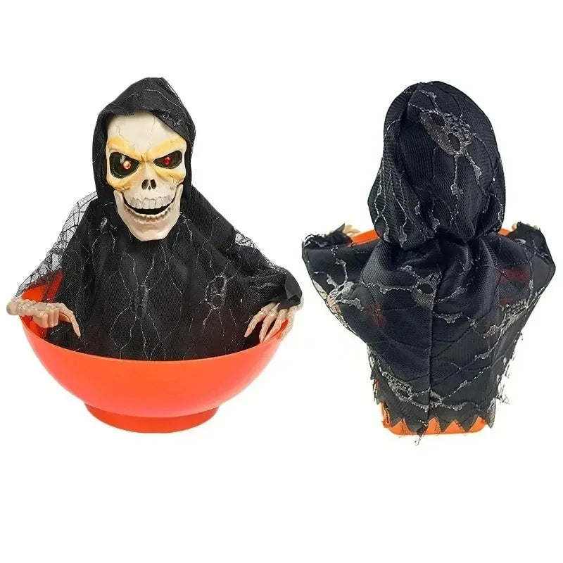 THEMEASHOP™-  Halloween Skeleton Hand Candy Bowl with Light Up Red Eyes Spooky Sound Effects for Haunted House Party Decoration  ﻿