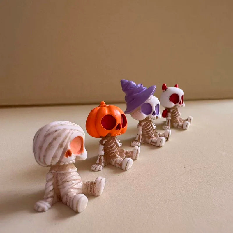 THEMEASHOP™- 4Pcs Halloween Mini Figurines Set, Spooky Resin Decor with Pumpkins Ghosts Skulls for Party Home Garden Decoration