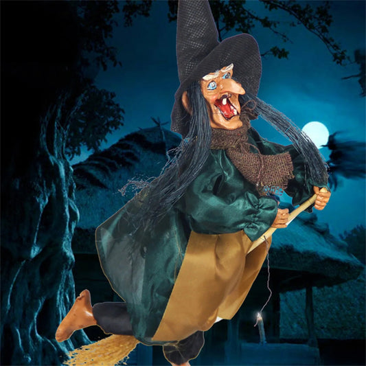 THEMEASHOP™- Halloween Hanging Broom Witch Pendant Spooky Decor Props Scary Electric Toy Haunted House Bar Home Festival Party Decoration Toy