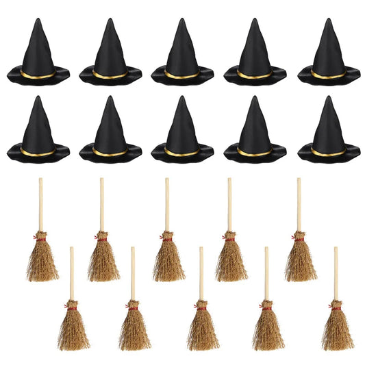 THEMEASHOP™- 10/20PCS Halloween Mini Witch Hat and Broom Decor DIY Craft Embellishments Miniature Ornaments Hanging Pendants Desktop Decor